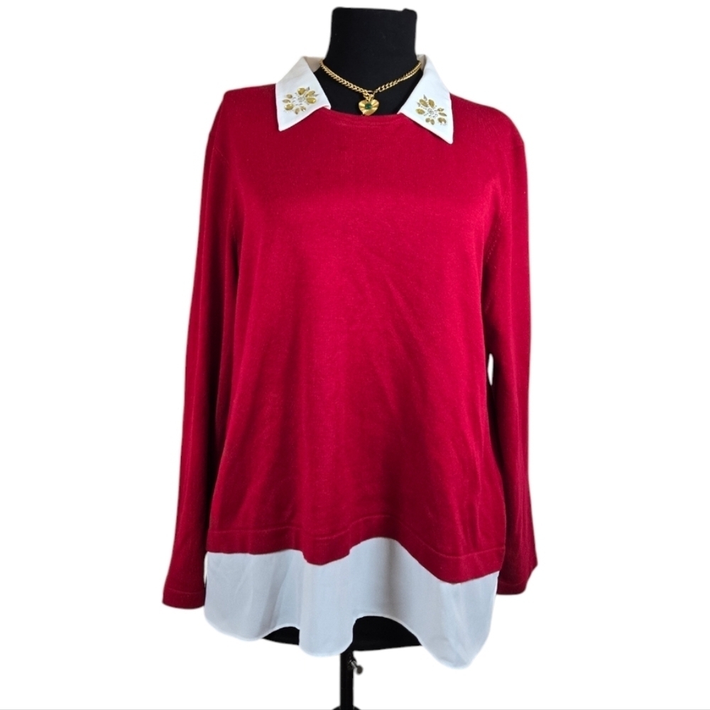 Investments Petite Red with White Collar & Hem Long Sleeves Sweatshirt - Size PL